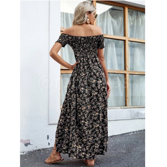 Ditsy Floral Off Shoulder Black Shirred Top Maxi Dress Leg Slit Flowy, Long - Picture 2 of 7